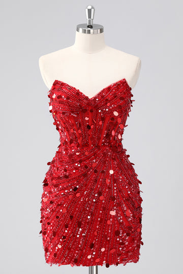 Red Sparkly Strapless Tight Short Beaded Corset Homecoming Dress with Sequins